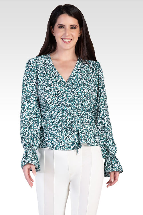 Vera Green Leopard Print Tie Front Flute Sleeve Blouse