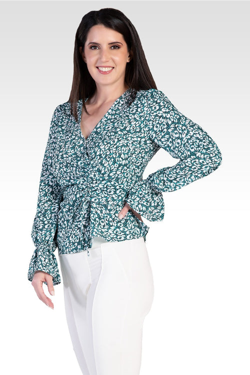 Vera Green Leopard Print Tie Front Flute Sleeve Blouse