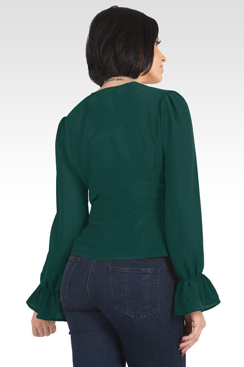 Vera Solid Tie Front Flute Sleeve Blouse