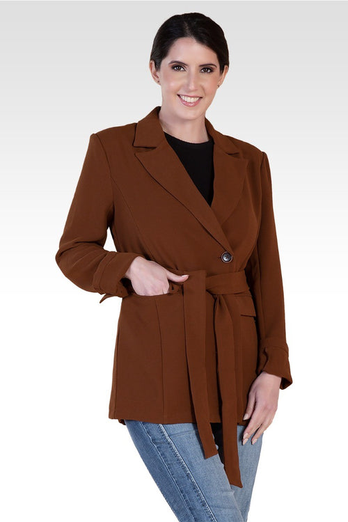 Crepe Gina Solid Wrap Blazer - Brown
