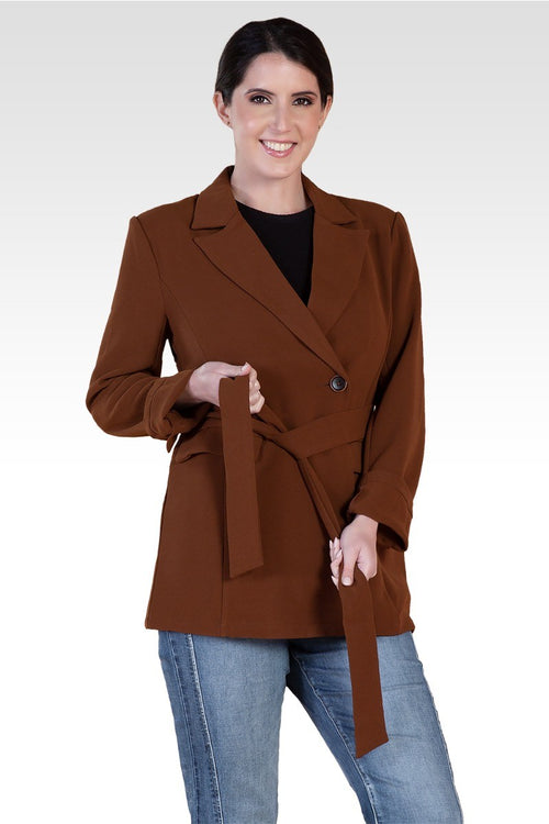 Crepe Gina Solid Wrap Blazer - Brown