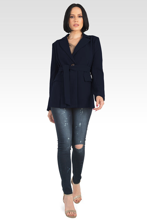 Crepe Gina Solid Wrap Blazer - Navy