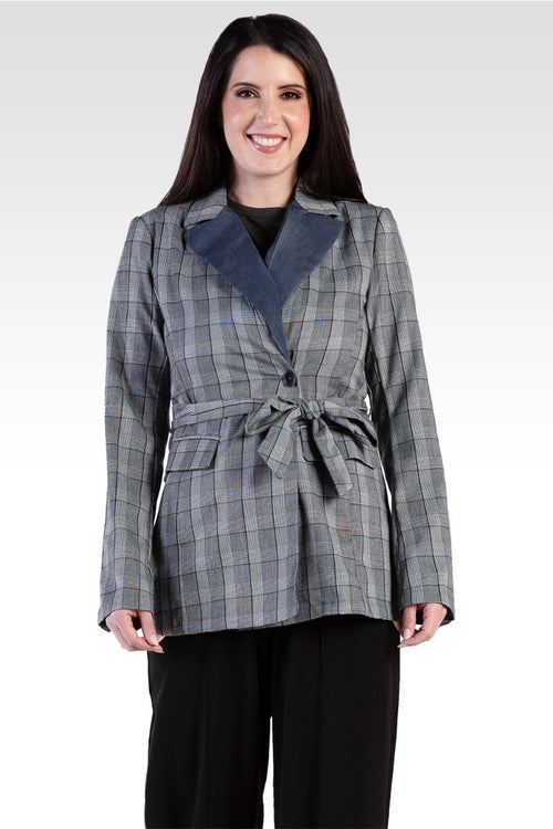 Gina Trim Wrap Blazer - Plaid & Tencel Trim