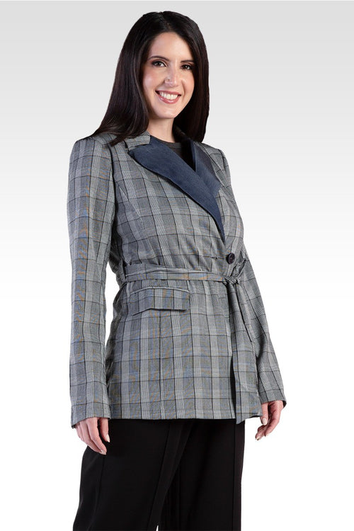 Gina Trim Wrap Blazer - Plaid & Tencel Trim