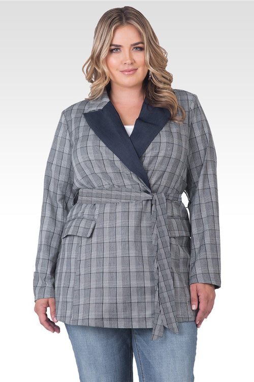 Plus Size Gina Trim Wrap Blazer - Plaid & Tencel Trim
