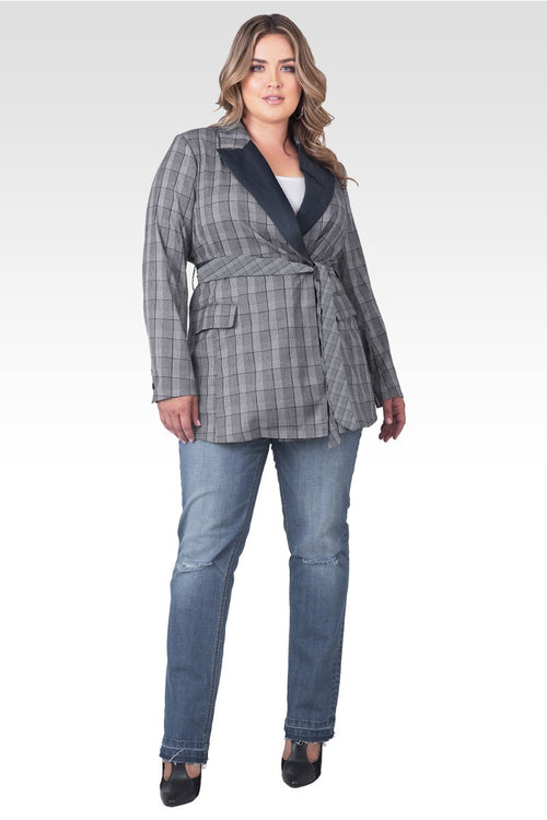 Plus Size Gina Trim Wrap Blazer - Plaid & Tencel Trim