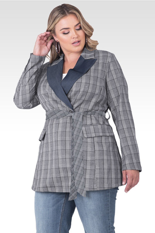 Plus Size Gina Trim Wrap Blazer - Plaid & Tencel Trim