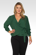 Standards & Practices Plus Size Women's Green Wrap Tie Long Sleeve Blouse-1