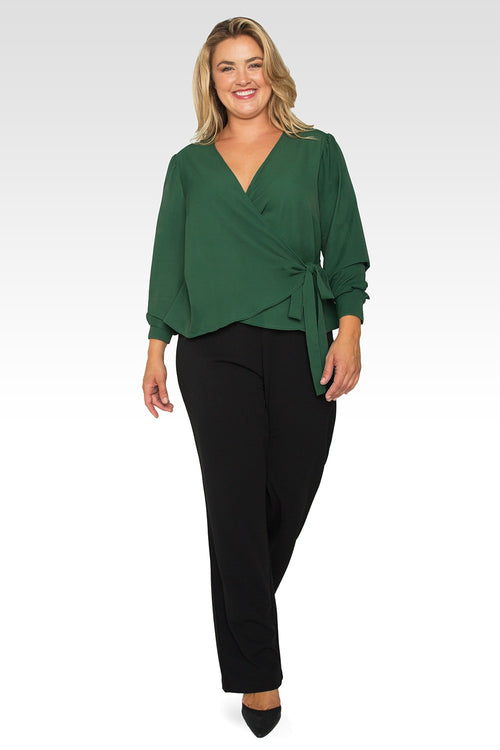 Standards & Practices Plus Size Women's Green Wrap Tie Long Sleeve Blouse-4