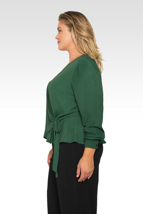 Standards & Practices Plus Size Women's Green Wrap Tie Long Sleeve Blouse-3