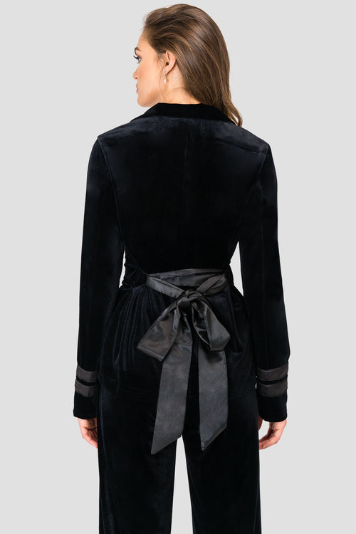 Standards & Practices Stretch Velvet Wrap Smoking Jacket with Satin Lapel & Satin Belt