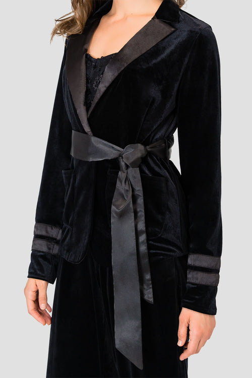 Standards & Practices Stretch Velvet Wrap Smoking Jacket with Satin Lapel & Satin Belt