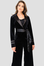 Lottie Black Stretch Velvet Wrap  Smoking Jacket with Satin Lapel