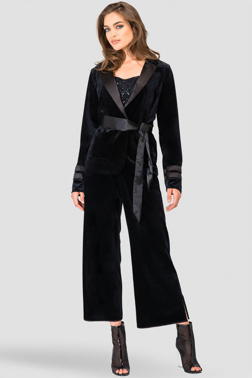 Standards & Practices Stretch Velvet Wrap Smoking Jacket with Satin Lapel & Satin Belt