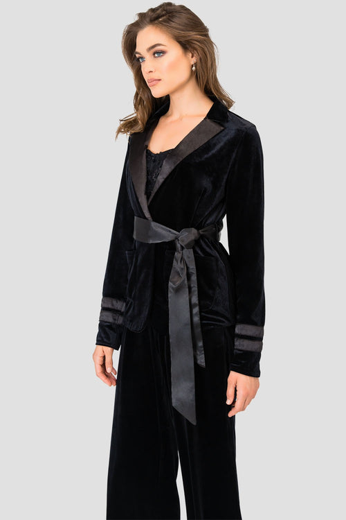 Standards & Practices Stretch Velvet Wrap Smoking Jacket with Satin Lapel & Satin Belt