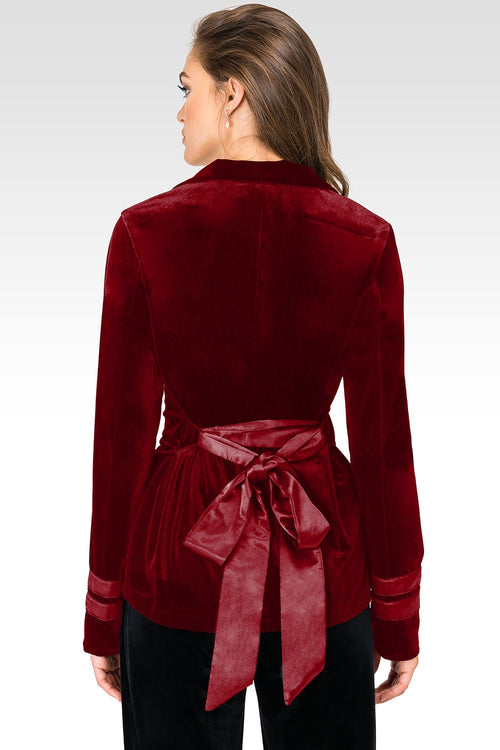 Lottie Deep Red Stretch Velvet Wrap Smoking Jacket With Satin Lapel And Satinbelt