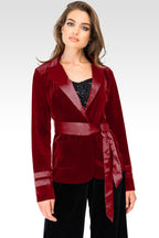 Lottie Deep Red Stretch Velvet Wrap Smoking Jacket With Satin Lapel And Satinbelt