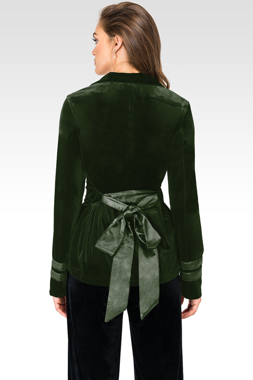Lottie Green Stretch Velvet Wrap Smoking Jacket With Satin Lapel And Satinbelt