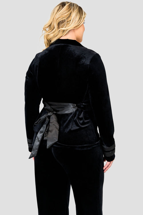 Standards & Practices Plus Size Stretch Velvet Wrap Smoking Jacket with Satin Lapel and Satin Belt