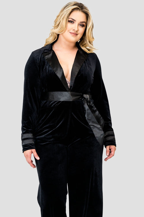 Standards & Practices Plus Size Stretch Velvet Wrap Smoking Jacket with Satin Lapel and Satin Belt