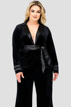 Plus Size Lottie Black Stretch Velvet Wrap  Smoking Jacket with Satin Lapel