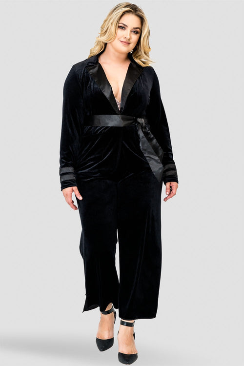 Standards & Practices Plus Size Stretch Velvet Wrap Smoking Jacket with Satin Lapel and Satin Belt