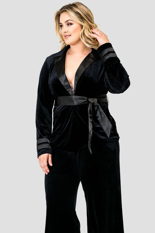 Standards & Practices Plus Size Stretch Velvet Wrap Smoking Jacket with Satin Lapel and Satin Belt