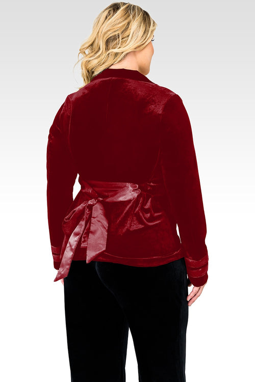 Plus Size Lottie Deep Red Stretch Velvet Wrap Smoking Jacket With Satin Lapel And Satinbelt