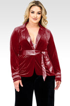 Plus Size Lottie Deep Red Stretch Velvet Wrap Smoking Jacket With Satin Lapel And Satinbelt