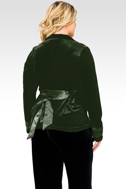 Plus Size Lottie Green Stretch Velvet Wrap Smoking Jacket With Satin Lapel And Satinbelt