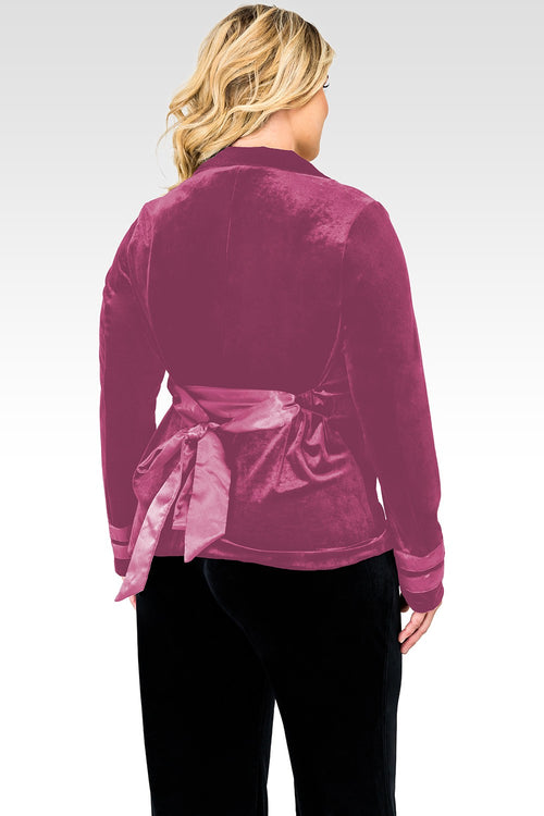 Plus Size Lottie Rose Stretch Velvet Wrap Smoking Jacket With Satin Lapel And Satinbelt