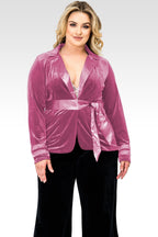 Plus Size Lottie Rose Stretch Velvet Wrap Smoking Jacket With Satin Lapel And Satinbelt