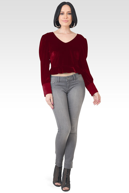 Standards & Practices Stretch Velvet Peplum Top - Deep Red