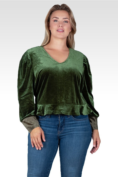 Standards & Practices Plus Size Stretch Velvet Peplum Top - Green