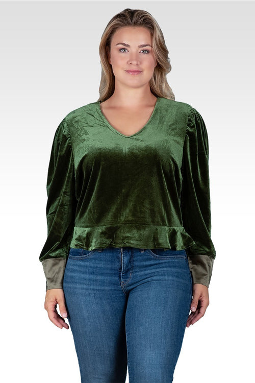 Standards & Practices Plus Size Stretch Velvet Peplum Top - Green