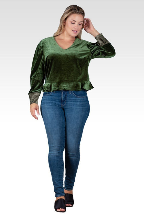 Standards & Practices Plus Size Stretch Velvet Peplum Top - Green