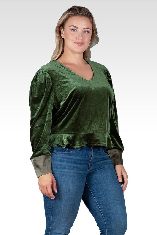 Standards & Practices Plus Size Stretch Velvet Peplum Top - Green