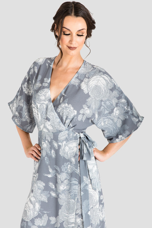 Standards & Practices Gray Floral Print Kimono Chiffon Wrap Maxi Dress
