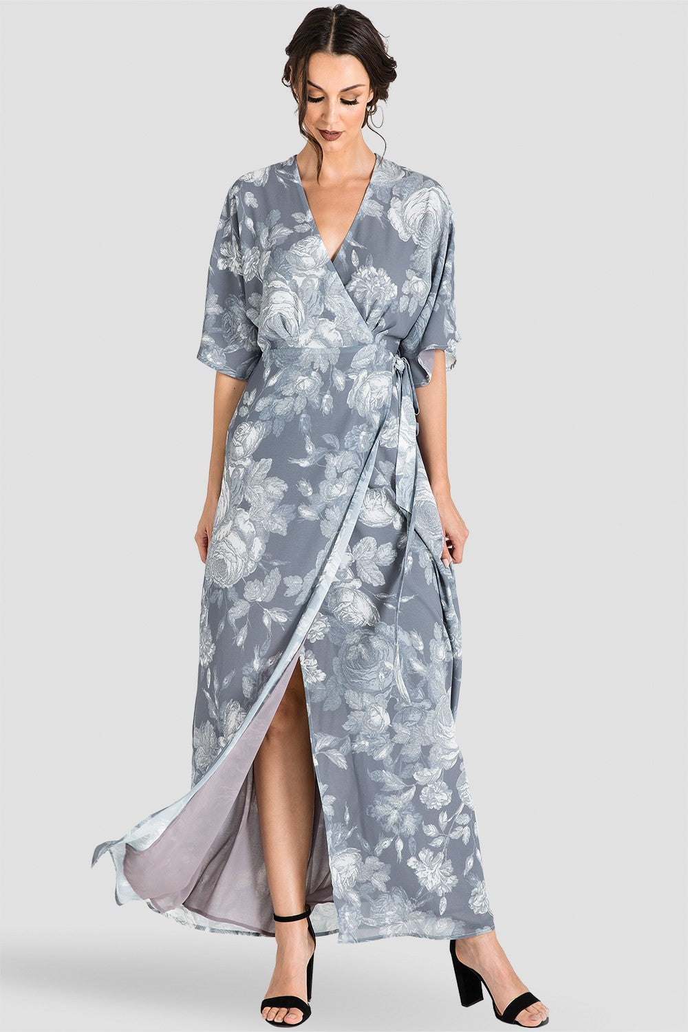 gray wrap maxi dress Women's Gray Floral Print Kimono Chiffon Wrap Maxi Dress