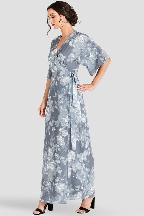 Standards & Practices Gray Floral Print Chiffon Kimono Wrap Maxi Dress