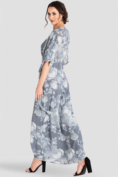 Women's Gray Floral Print Kimono Chiffon Wrap Maxi Dress Side