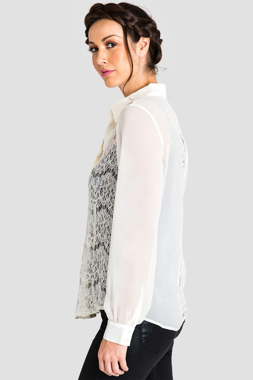 Women's Button-Up Collared Shirt White Lace