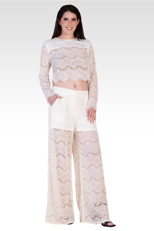 April Ivory Spring Peek-A-Boo Lace Palazzo Pants
