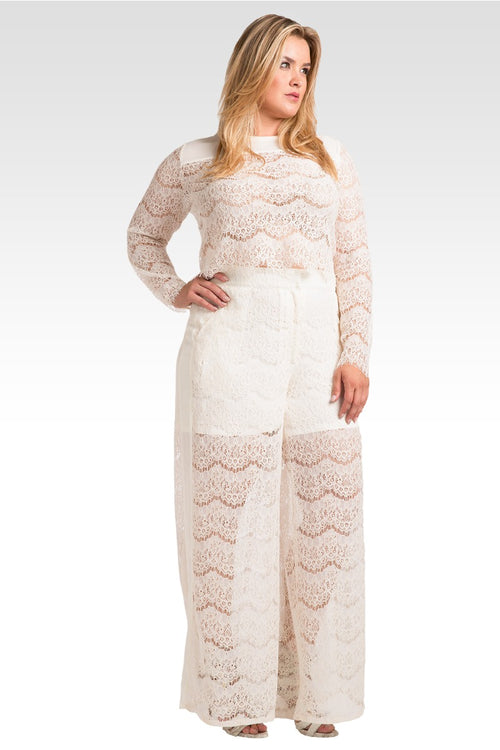 Plus Size April Ivory Spring Peek-A-Boo Lace Palazzo Pants