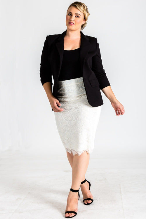 Plus Size Tori Ivory Pencil Skirt in Ponte and Lace