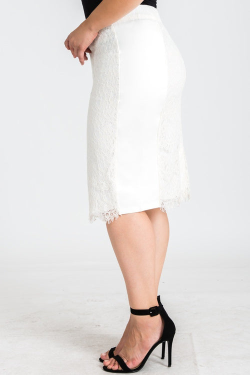 Plus Size Tori Ivory Pencil Skirt in Ponte and Lace