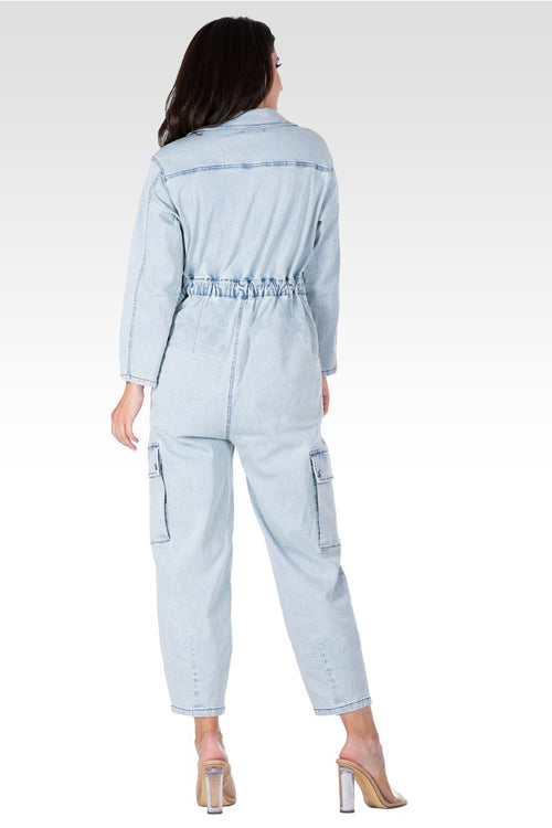 Portia Women's Long Sleeves Denim Cargo Jumpsuit