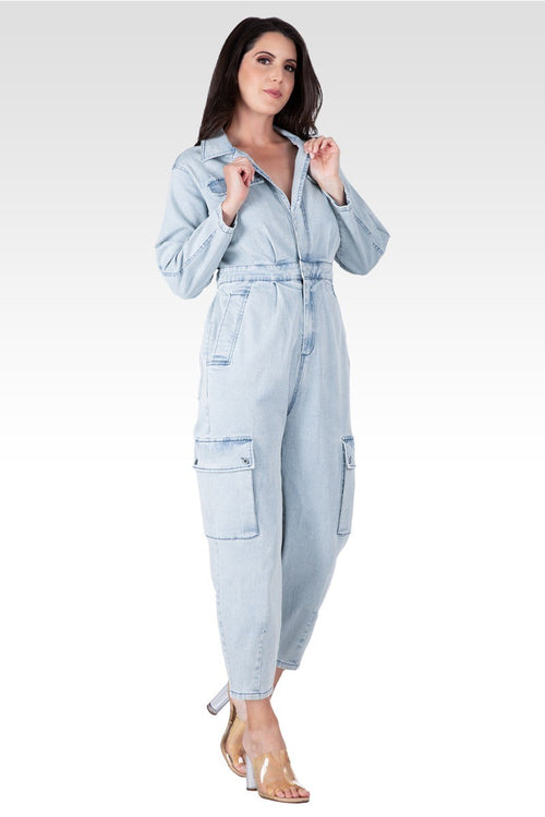 Portia Women's Long Sleeves Denim Cargo Jumpsuit