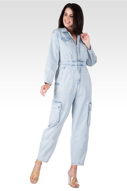Portia Women's Long Sleeves Denim Cargo Jumpsuit