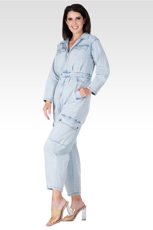 Portia Women's Long Sleeves Denim Cargo Jumpsuit